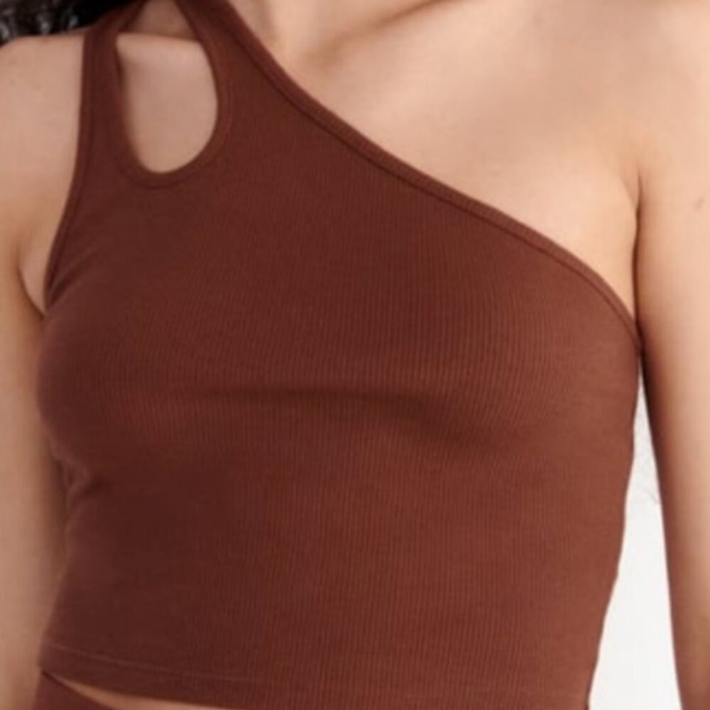 Zara One Shoulder Keyhole Ribbed Crop Tank - Brown - Medium